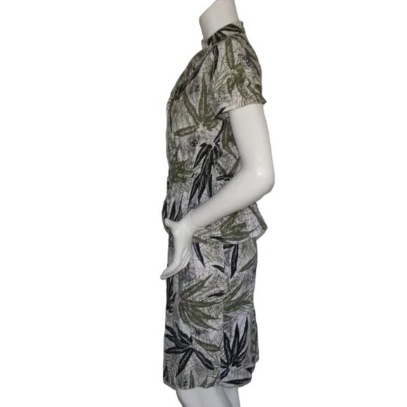 Vintage Dress, XS, Leaf Print, Peplum, Cotton, Off-white/Green, Buttoned top - Picture 12 of 13